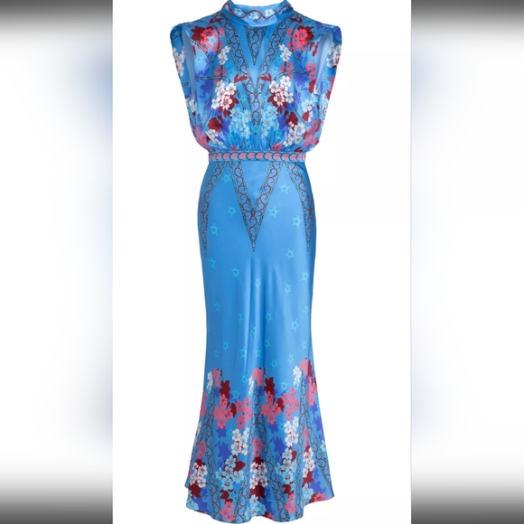 Saloni Fleur Midi Dress In Sky Flourish - Picture 2 of 8